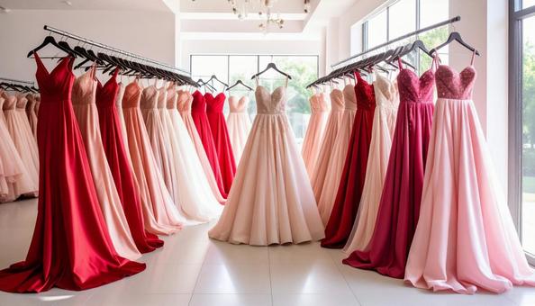 レンタルドレス屋にかかるたくさんのドレス レンタルドレス屋にかかるたくさんのドレスの写真