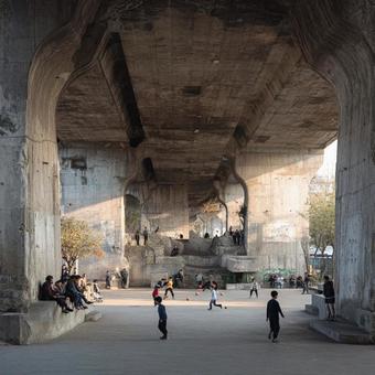 コンクリートの橋の下で遊ぶ若者たちの写真