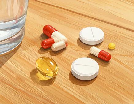 テーブルに並べられた薬の錠剤 テーブルに並べられた薬の錠剤の写真