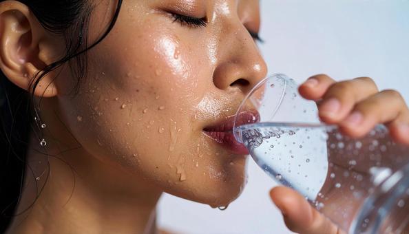 コップの水を飲み水分補給する女性 コップの水を飲み水分補給する女性の写真