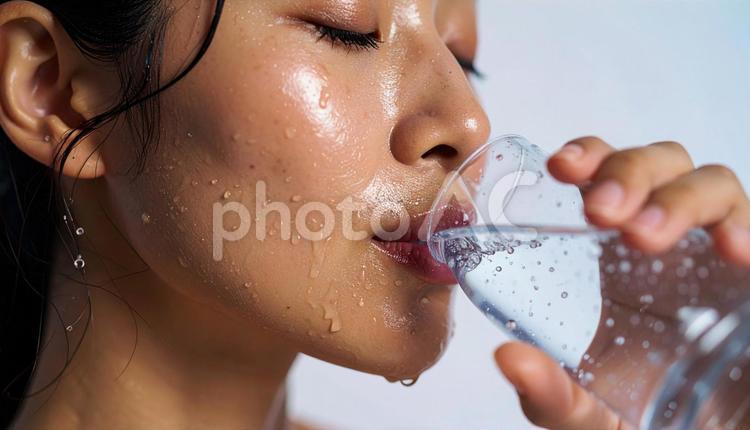 コップの水を飲み水分補給する女性 水分補給,飲み物,水の写真素材