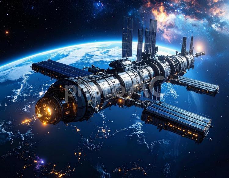 地球を周回する宇宙ステーション 近未来1 宇宙,宇宙ステーション,地球の写真素材