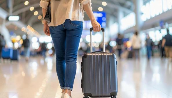 空港でスーツケースを引く女性の後ろ姿 空港でスーツケースを引く女性の後ろ姿の写真