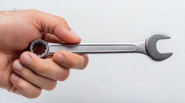 スパナを持つ手 スパナを持つ手の写真