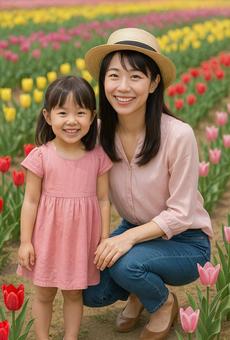 親子とチューリップ 親子とチューリップの写真