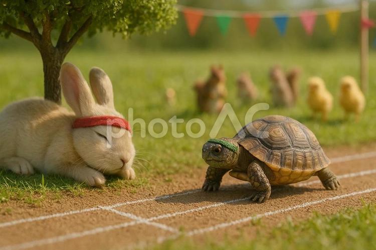 運動会で競走中に寝る兎と追い越す亀 兎,亀,動物の写真素材