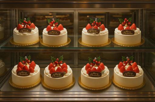 ショーケースに並ぶクリスマスケーキの写真