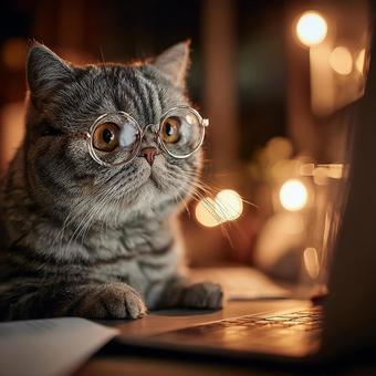 知的な雰囲気の猫とデジタル機器の写真