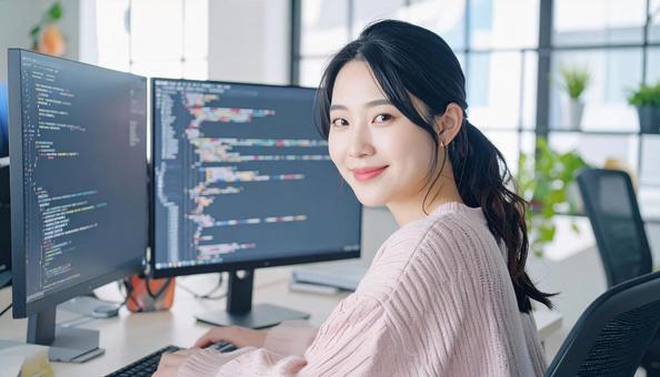 プログラミングをする女性エンジニア プログラミングをする女性エンジニアの写真