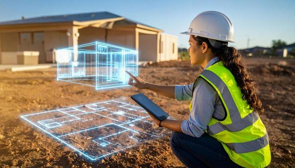 住宅建築現場でホログラム図面を見る作業員の写真