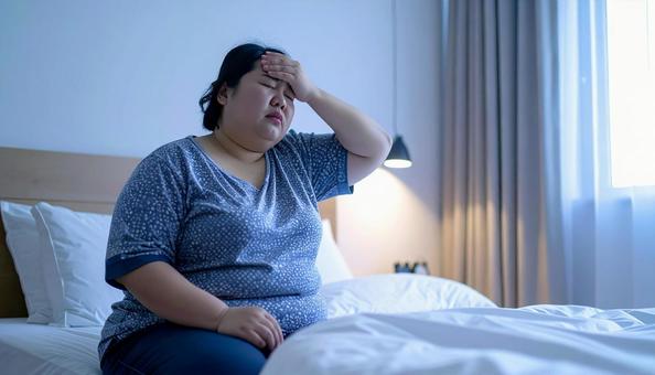 肥満で疲れやすく、額に手をやる女性 肥満で疲れやすく、額に手をやる女性の写真