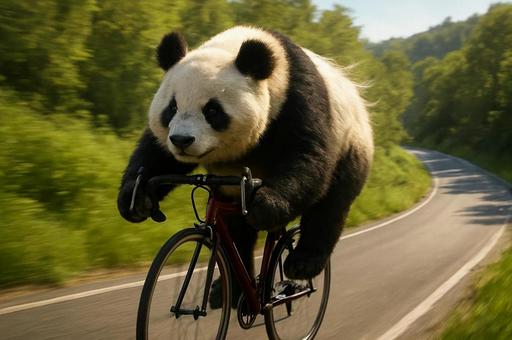 自転車で駆け抜けるパンダ 自転車で駆け抜けるパンダの写真