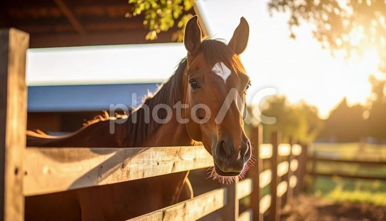 牧場の柵から顔をのぞかせる馬 馬,柵,家畜の写真素材