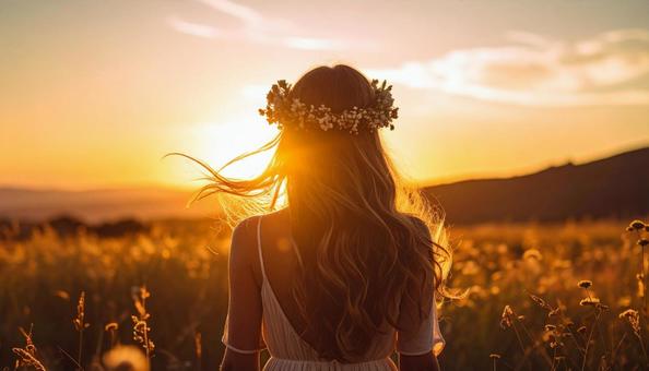 花輪のティアラをつけた女性が夕日に佇む 花輪のティアラをつけた女性が夕日に佇むの写真