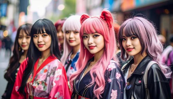 着物風のファッションが好きな若い女性達B 着物風のファッションが好きな若い女性達Bの写真