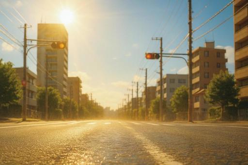 アスファルトに照り付ける太陽 アスファルトに照り付ける太陽の写真