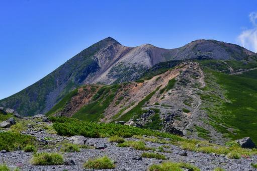 青空と名峰乗鞍岳の全景 乗鞍岳,剣ヶ峰,朝日岳の写真素材