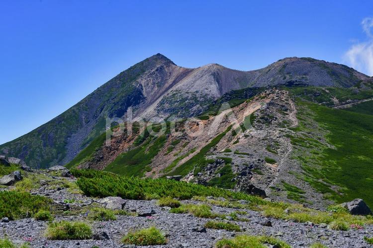 青空と名峰乗鞍岳の全景 乗鞍岳,剣ヶ峰,朝日岳の写真素材