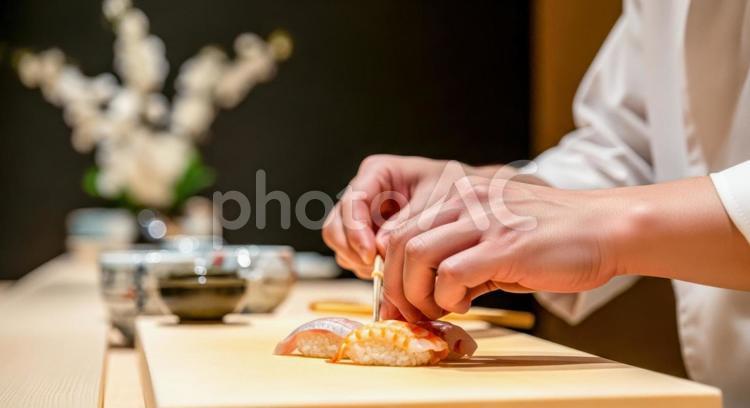 寿司店での職人の手元クローズアップ 寿司職人,和食,料理人の写真素材