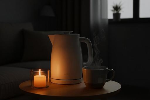 ケトルとキャンドル　夜のリラックス空間の写真