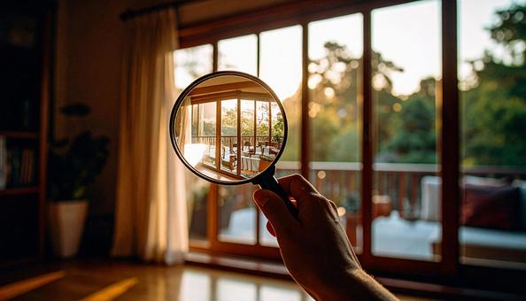 お部屋探し　虫メガネで部屋を見る人の手の写真