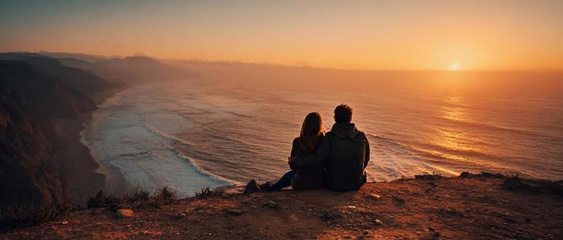 沈む夕日と波打ち際を眺める男女の写真