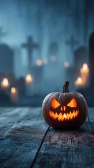 古い墓地の木の板で輝くハロウィンかぼちゃ 古い墓地の木の板で輝くハロウィンかぼちゃの写真