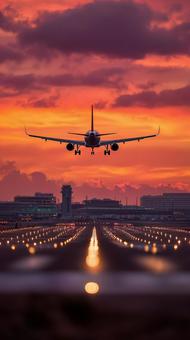劇的な夕焼け空へ向かって離陸する航空機 劇的な夕焼け空へ向かって離陸する航空機の写真