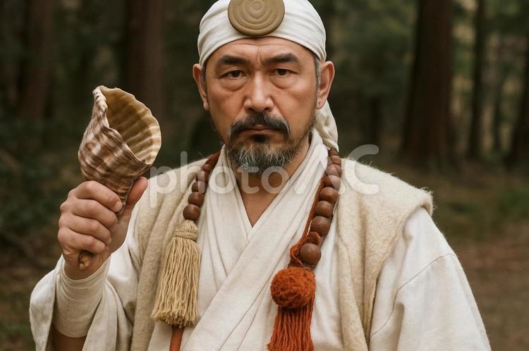 法螺貝を持つ山伏の男性 男性,山伏,修験者の写真素材