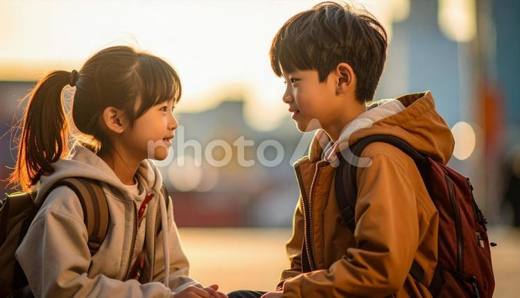 おしゃべりする男の子と女の子 小学生,友達,仲良しの写真素材