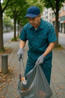 歩道でごみ拾い作業 歩道でごみ拾い作業の写真