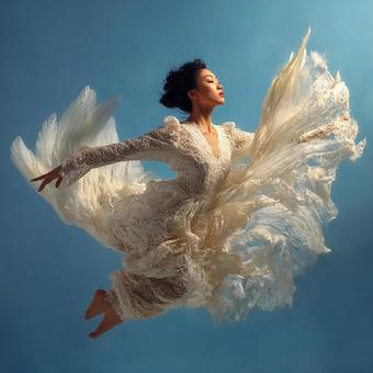 軽やかに跳ぶ女性の写真