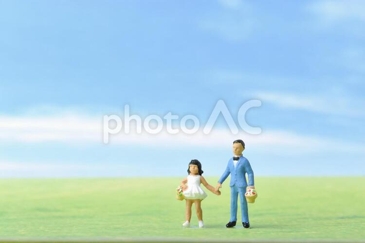 青空と草原とミニチュアの兄妹 コピースペース,ビジネス,ミニチュアの写真素材