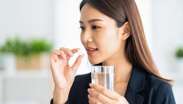 薬を飲む女性 薬を飲む女性の写真