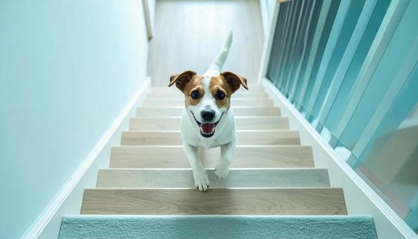 階段を駆けあがる犬 階段を駆けあがる犬の写真