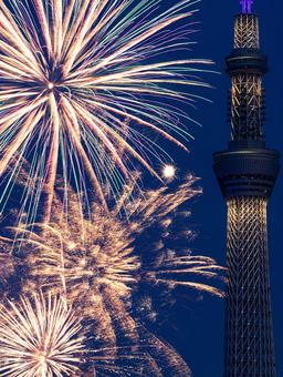 花火とスカイツリー 花火とスカイツリー 花火,スカイツリー,東京の写真素材
