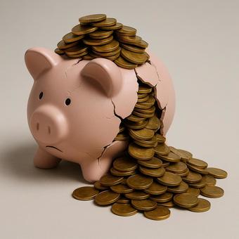 割れた貯金箱と溢れる資産 割れた貯金箱と溢れる資産の写真