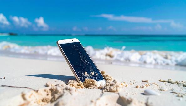砂浜に刺さったスマートフォン 砂浜に刺さったスマートフォンの写真