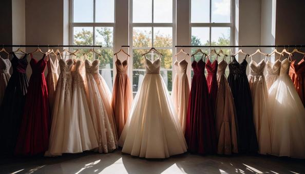 レンタルドレス屋にかかるたくさんのドレス レンタルドレス屋にかかるたくさんのドレスの写真