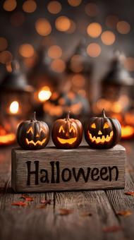 ハロウィン文字入り木材と光るかぼちゃたち ハロウィン文字入り木材と光るかぼちゃたちの写真