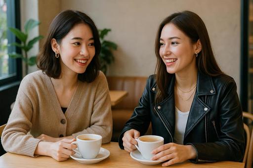 カフェで談笑する女性二人 カフェで談笑する女性二人の写真