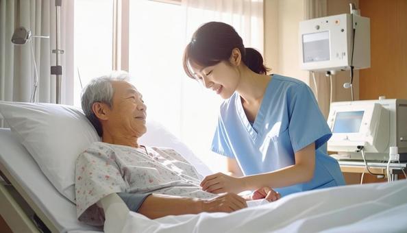 患者の血圧を測る看護師 患者の血圧を測る看護師の写真