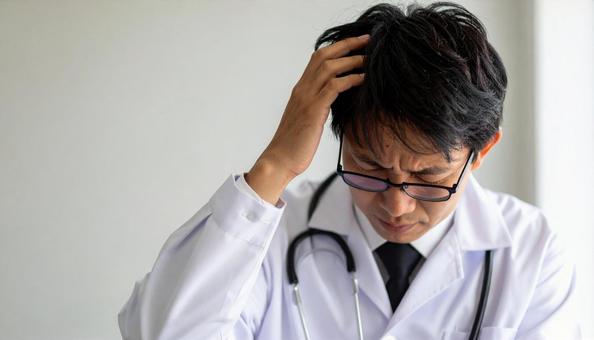 頭をぐしゃぐしゃにして悩む日本人男性医師 頭をぐしゃぐしゃにして悩む日本人男性医師の写真