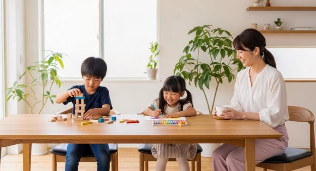 カラフルなブロックとお絵描きをする親子 カラフルなブロックとお絵描きをする親子の写真