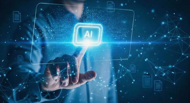 デジタルAIインターフェースと人間の手の写真