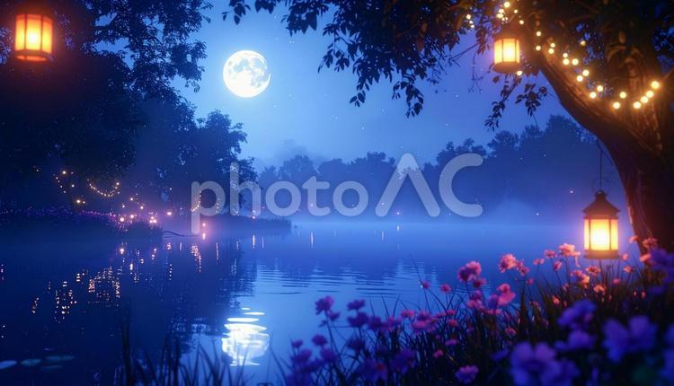 月明かりの湖畔：幻想的なランタンナイト 夜,月,湖の写真素材