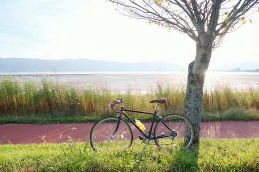 サイクリング サイクリング,自転車,湖の写真素材
