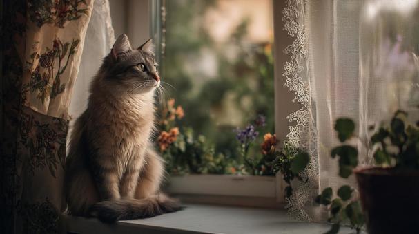 窓辺で外を見つめる可愛い猫 窓辺で外を見つめる可愛い猫の写真