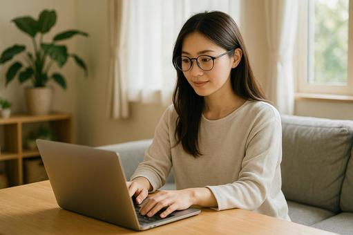 リビングでノートPC操作する女性 リビングでノートPC操作する女性の写真