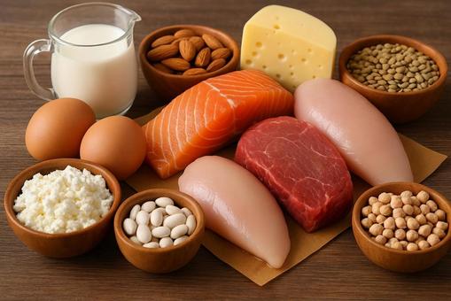 タンパク質を多く含む食品の盛り合わせ タンパク質を多く含む食品の盛り合わせの写真